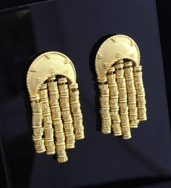 A pair of 22ct gold drop earrings, 1.5in.